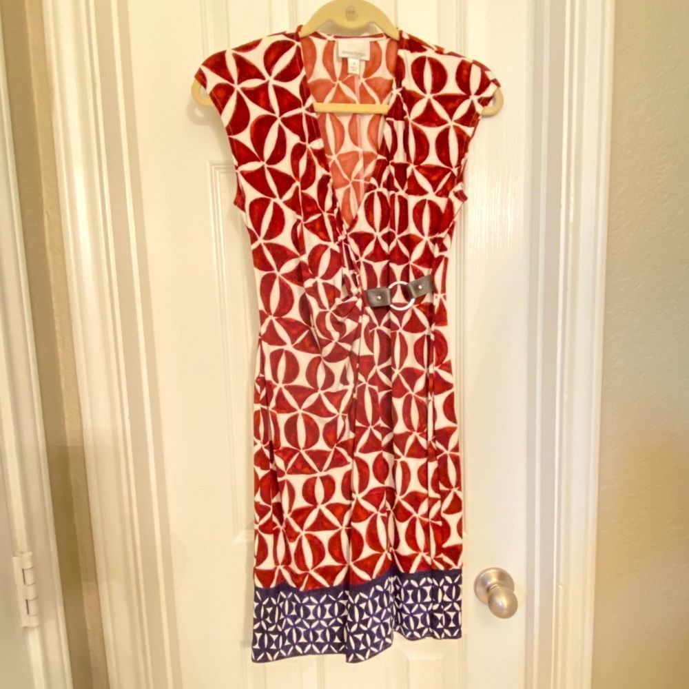 Donna Morgan wrap dress with a unique waist buckle